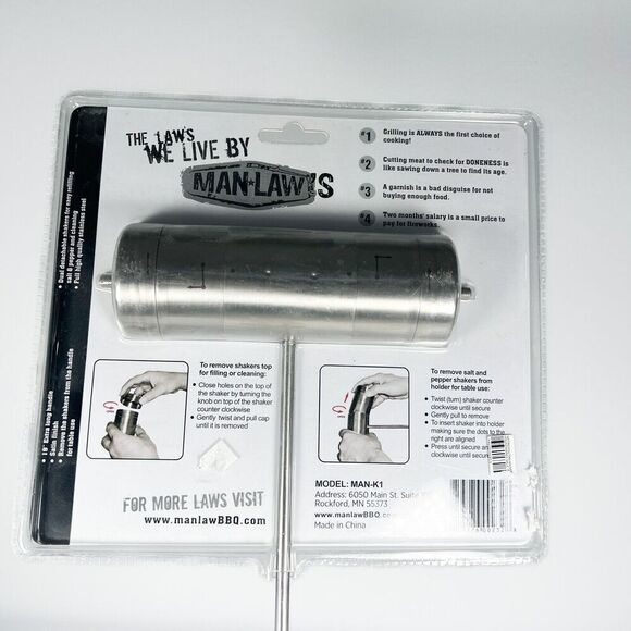 MAN LAW BBQ Grill Stainless Steel Detachable Salt & Pepper Shaker 19" Handle NEW - Picture 4 of 5